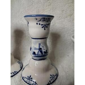 2 Vintage Delft Blue Dutch Windmill Taper Candlesticks T6